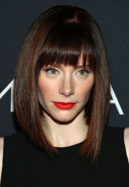 angled lob with blunt bangs short haircuts for thick hair