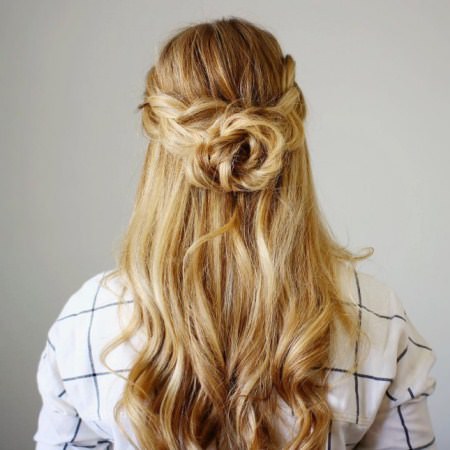 blonde half updo braided flower blonde hairstyles