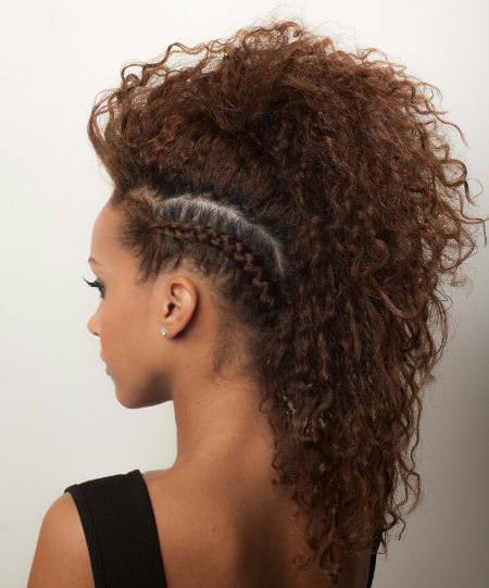 curly mohawk with single side braid curly hairstyles for girls
