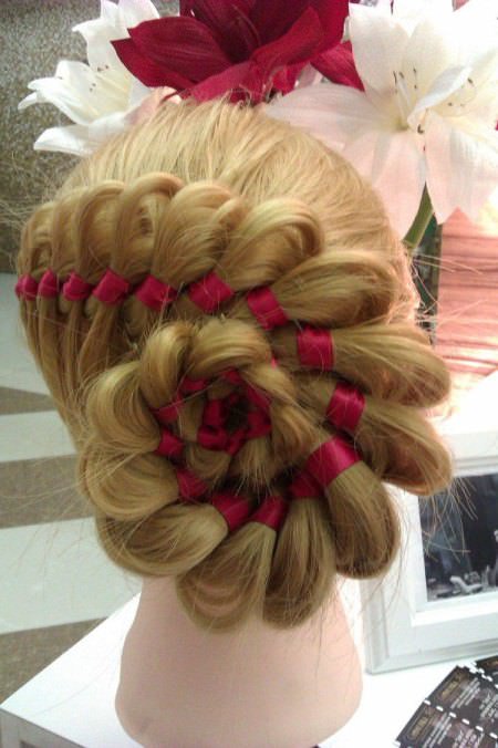 ribbon braid updo mid-length hairstyles