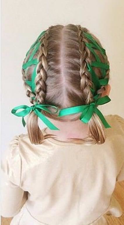 braided pigtail with ribbon hairstyles for little girls