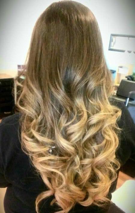 brown to golden ombre hair layered haircut with bangs