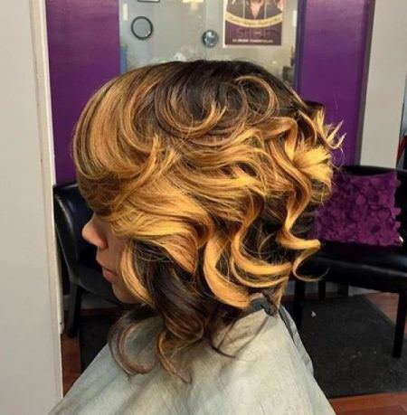 golden blonde balayage curls inverted bob haircut