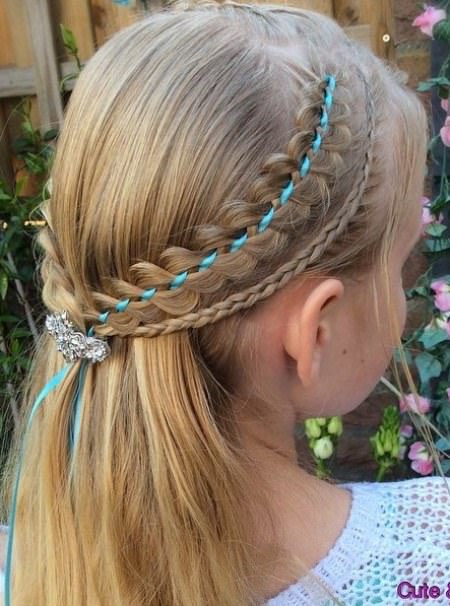 half updo with ribbon braid hairstyles for little girls