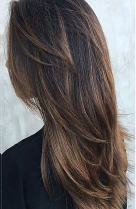 long free flowwing brunette layered haircut with bangs