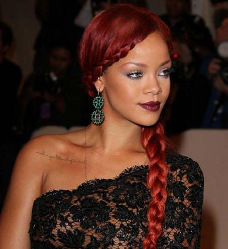 red long braided hairstyle of rihanna