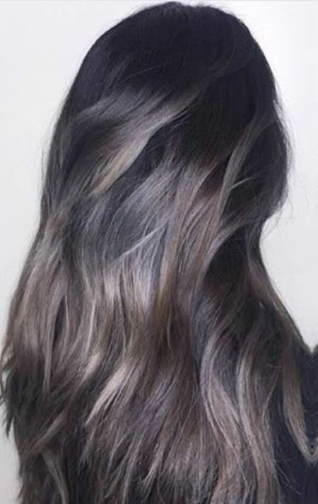 silver ombre hairstyle with brunette layered haircut with bangs