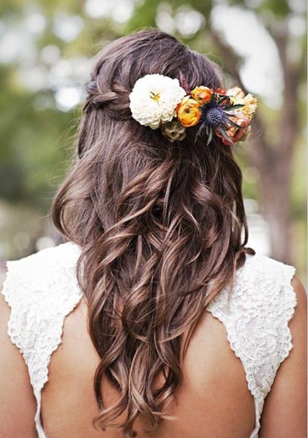 Waterfall braid with flowers wedding hairstyles for medium hair