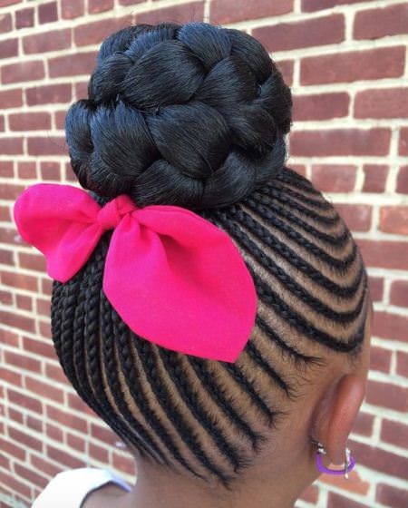 cornrow braided into a plaited bun black kids hairstyles