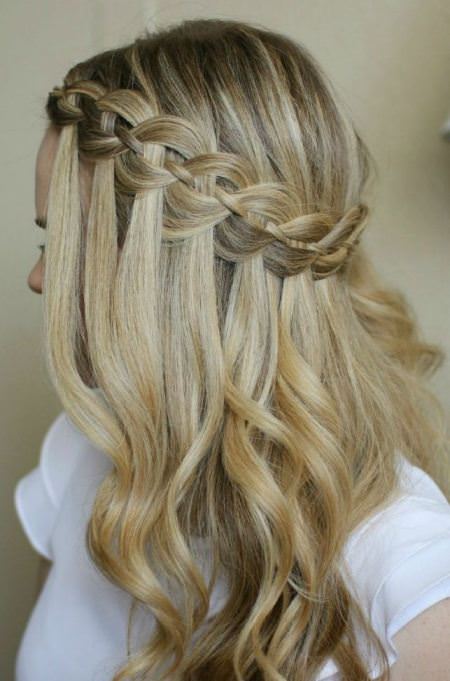 diagonal waterfall braid half up half down wedding hairstyles
