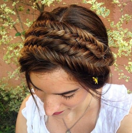 double braided fishtail crown updo brunette hairstyles
