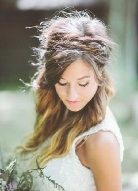 half updo with braided head band wedding hairstyles for long hair
