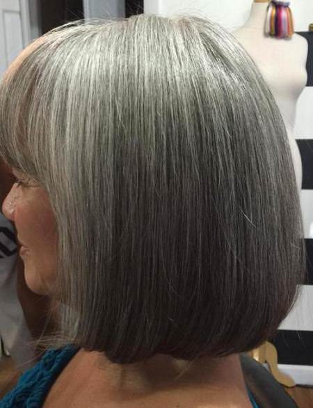 silver sleek bob with blunt bangs hairstyles for gray hair