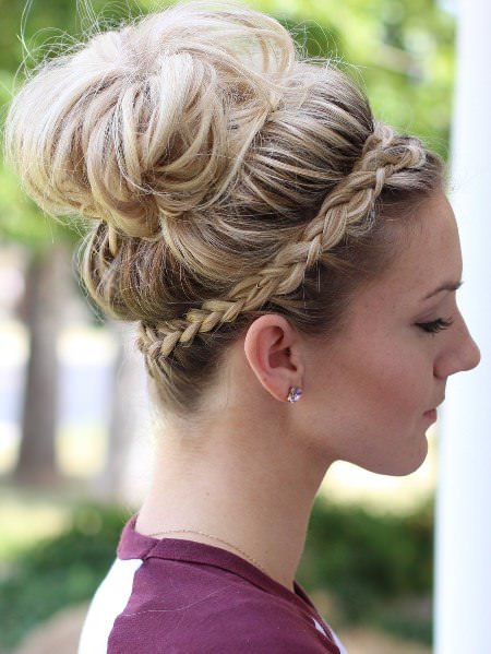 Messy bun with a crowd braid updos for long hair