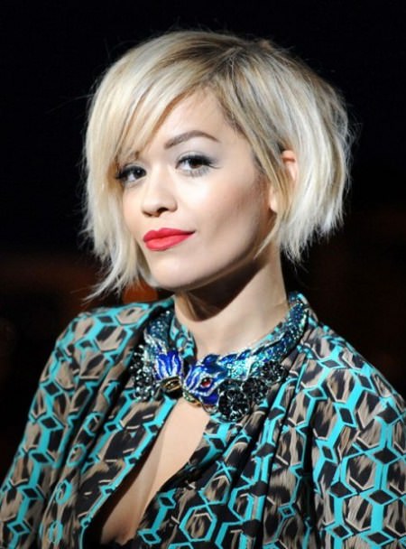 Rita Ora Short Asymmetrical Bob with Side-Swept Fringes