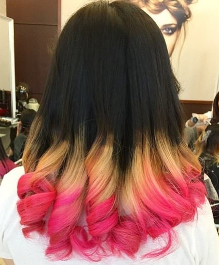 Three bold colors, black, pink and golden blonde pink ombre hairstyles