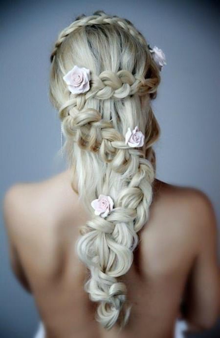 V shaped wedding downdo with Lace braid downdo wedding curly hairstyles