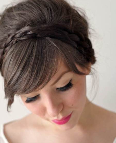 crown braid with thick side swept bangs