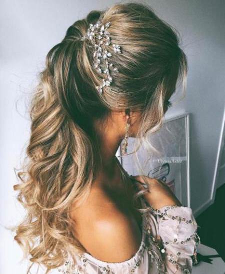 curly ponytail for long hair half up and half down wedding hairstyles