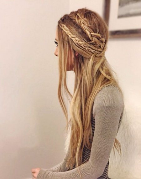 double braided look for straightend hair half up and half down wedding hairstyles