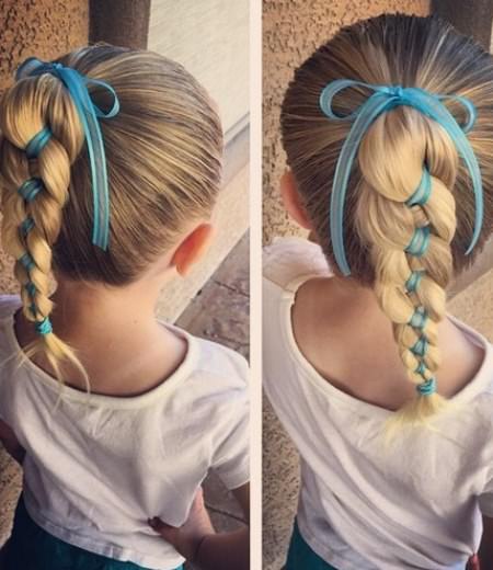 high braided ponytail with ribbon toddler girl hairstyles