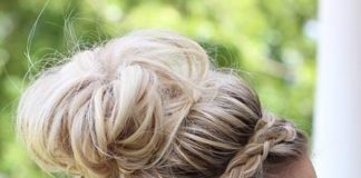 messy bun with braided headband hairstyles