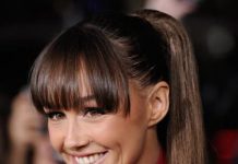 sleek high ponytails with bangs
